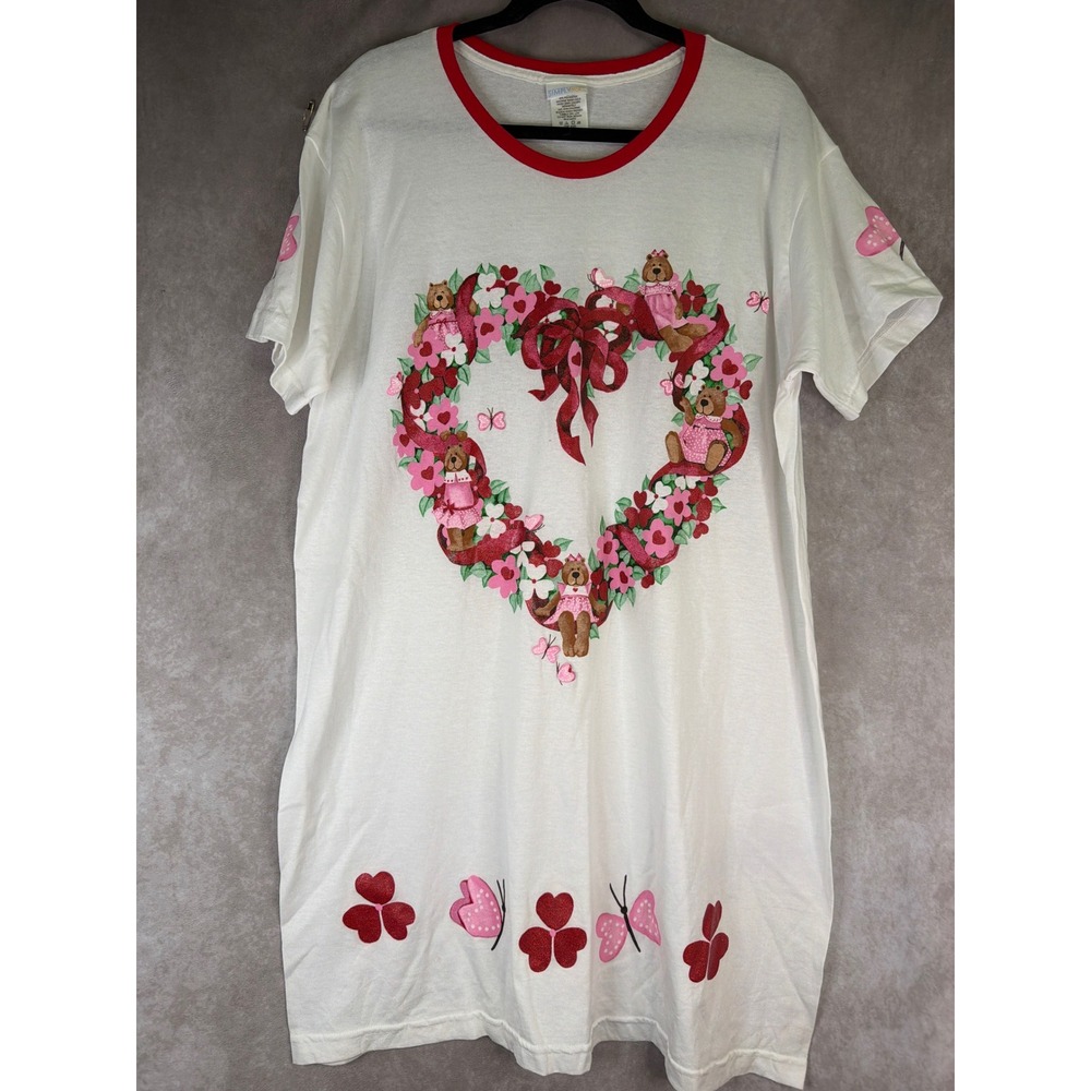 Vintage Simply Basic Sleep Shirt Womens One Size White Teddy Bear Heart Ringer